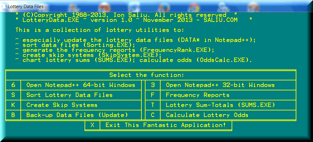 Lottery Data Files is a collection of software to work with past winning lotto numbers.